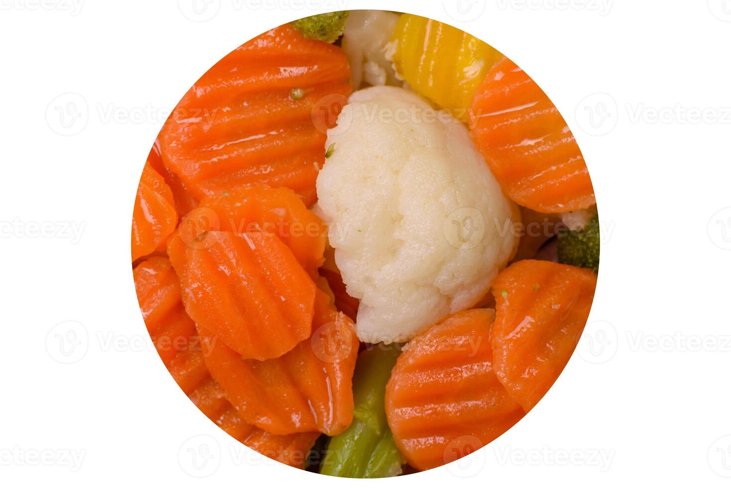 Delicious fresh vegetables broccoli, cauliflower, carrots steamed with salt photo
