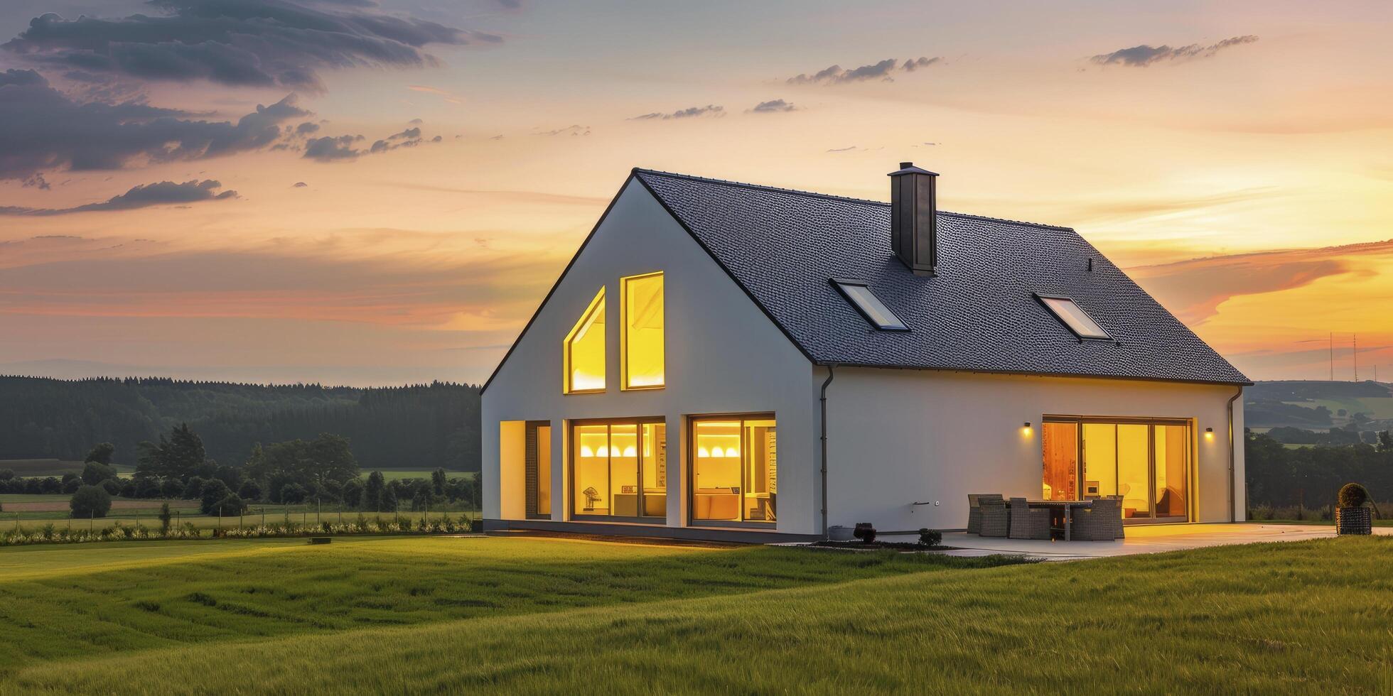 Modern house with lights on in the countryside at dusk photo