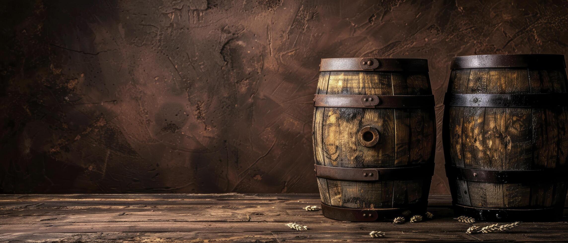 Dark brown background with two oak barrels on the right side photo