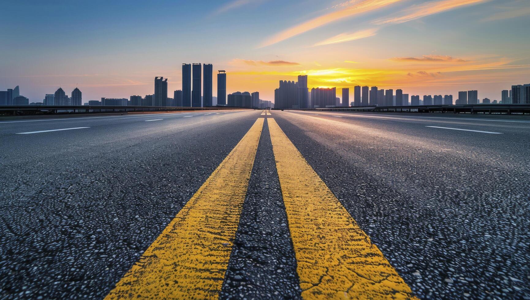 Highway road with yellow line in the middle on city skyline background at sunset photo