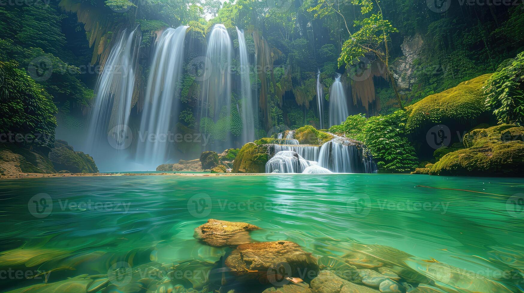a waterfall in the middle of a green forest photo