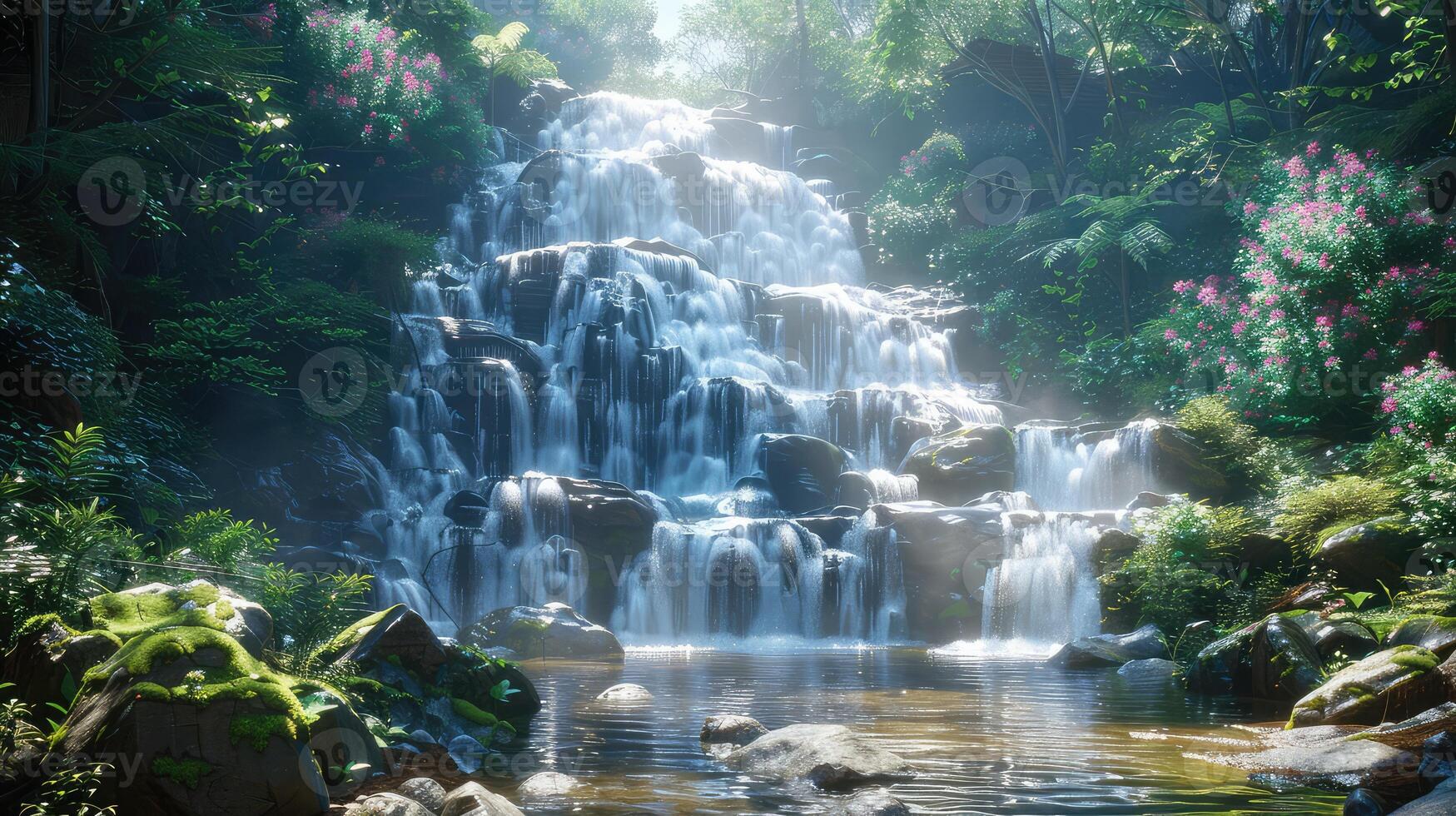 a waterfall in the jungle with water flowing over rocks photo