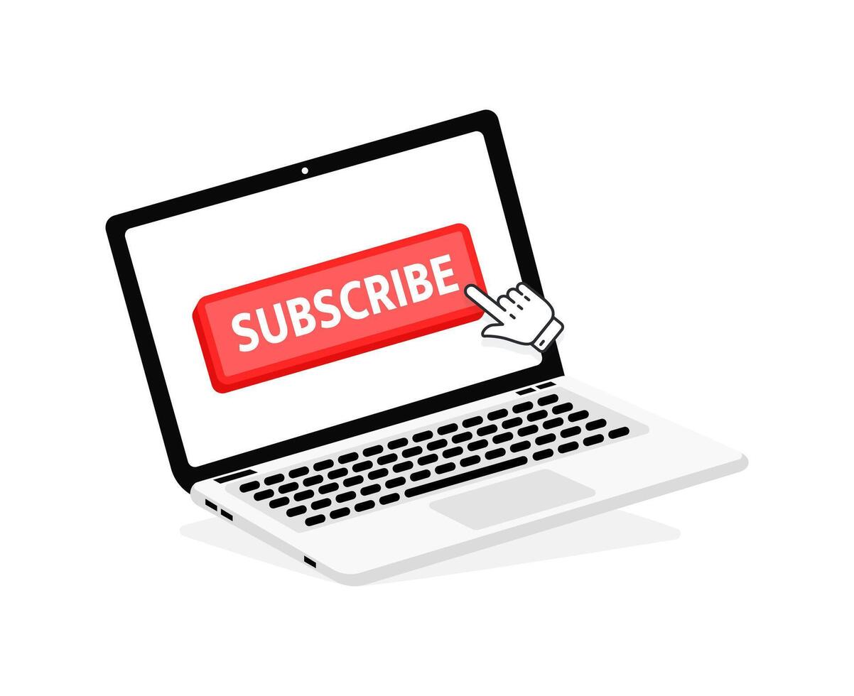 Subscribe text on Laptop screen with a red button . Button with pointer clicking. Finger Pressing vector