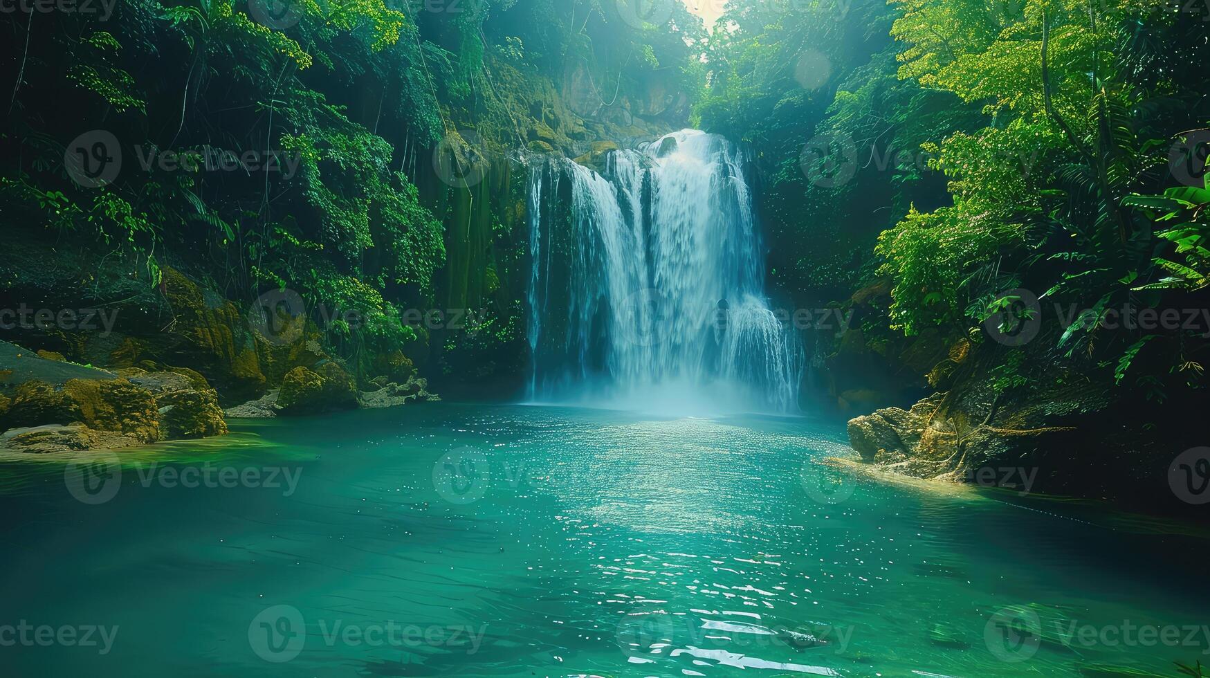 a waterfall in the middle of a tropical forest photo