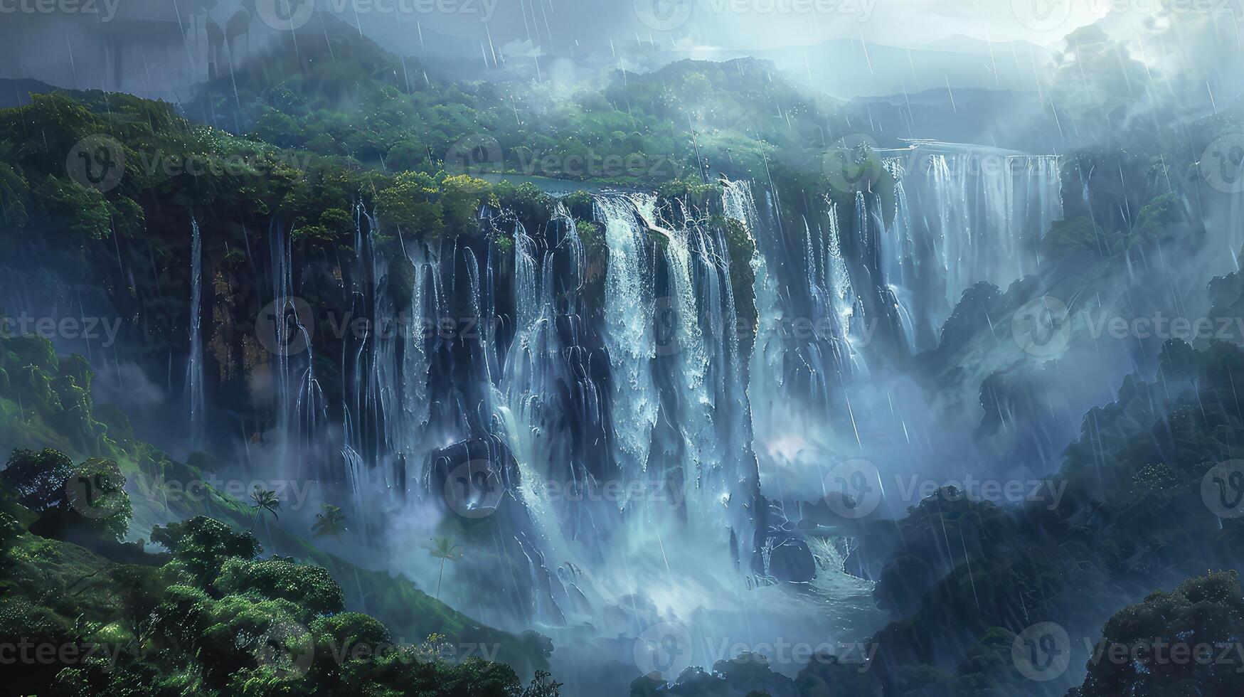 a waterfall in the middle of a forest photo