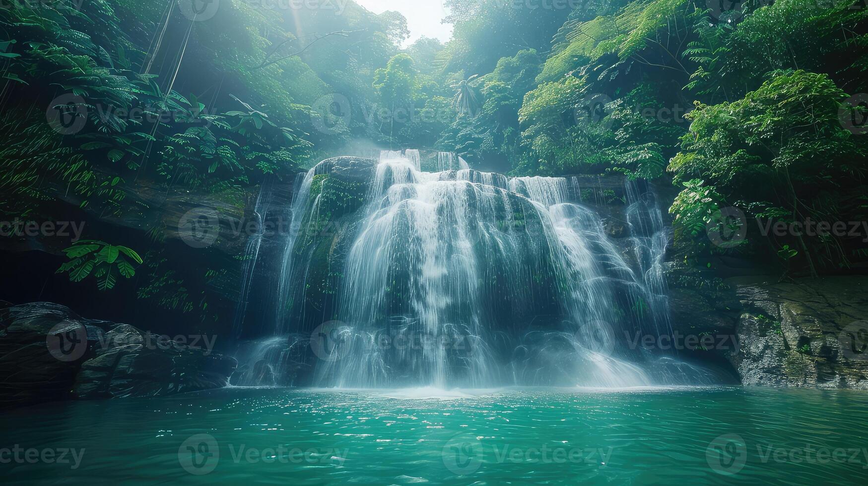 beautiful waterfall in tropical jungle with green water and sun rays photo