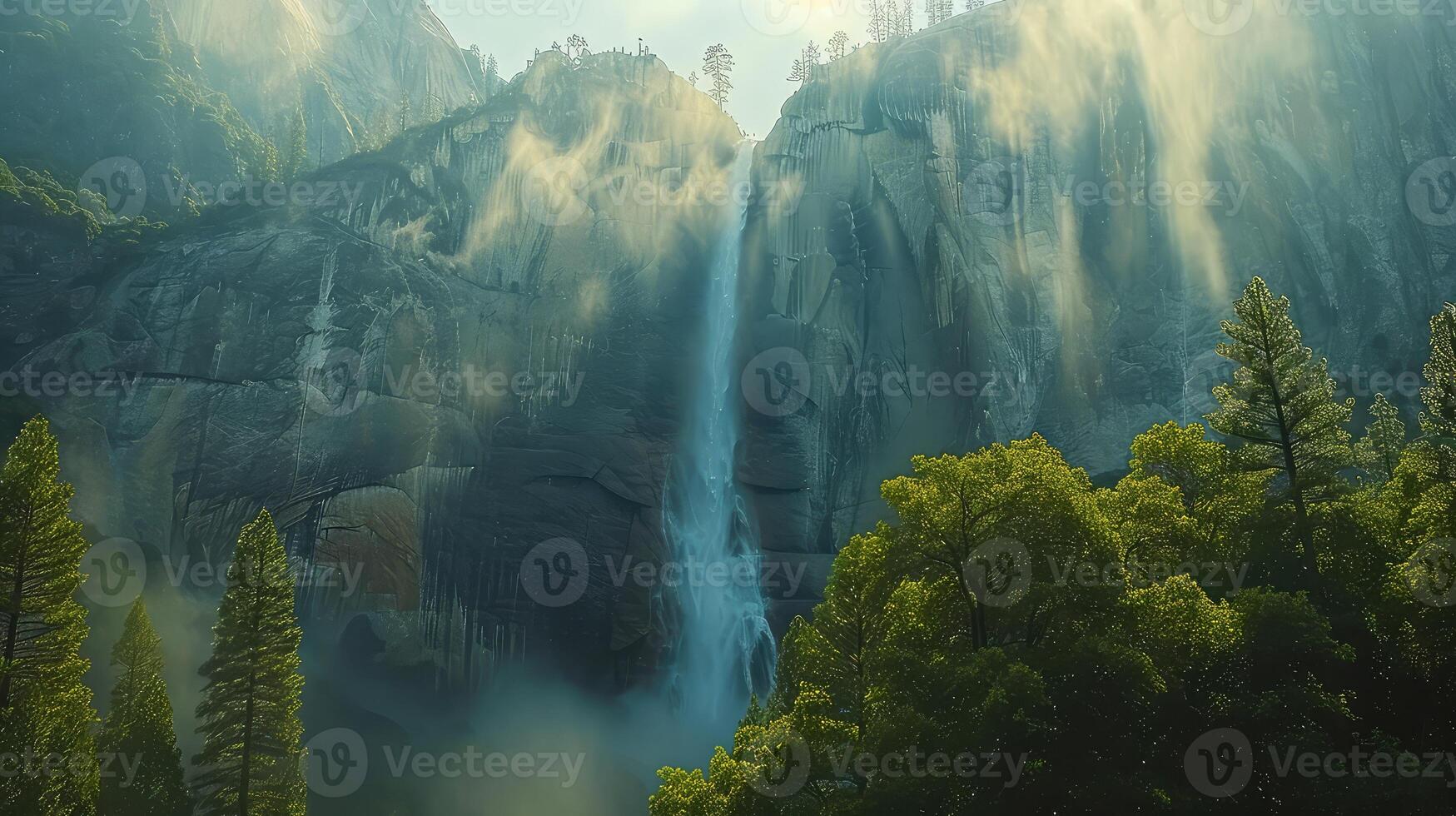 a waterfall is seen in the middle of a forest photo