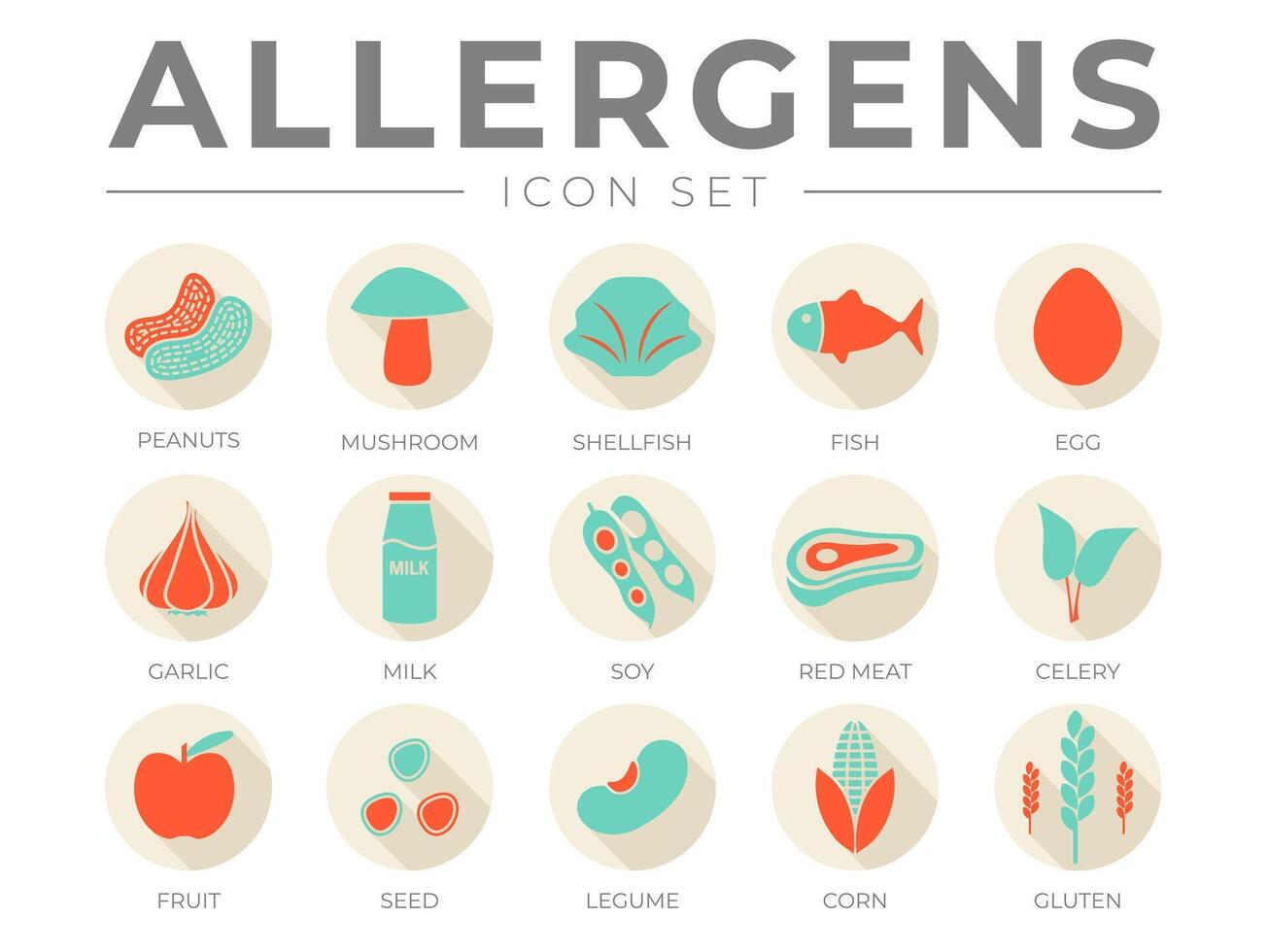 Retro Allergens Icon Set. Allergens, Mushroom, Shellfish, Fish, Egg, Garlic, Milk, Soy Red Meat, Celery, Fruit, Seed, Legume and Corn Gluten Allergen Icons vector
