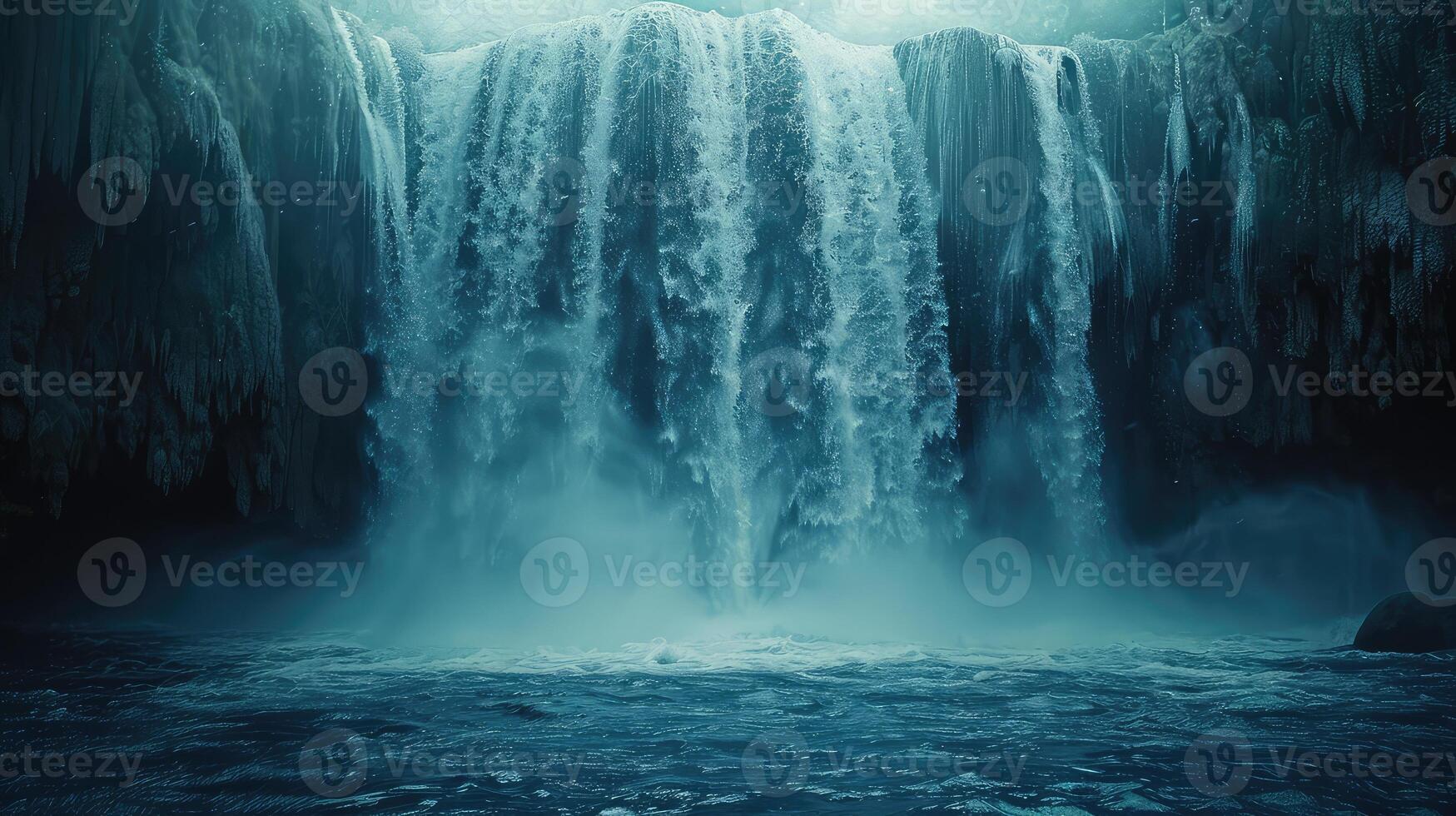 a waterfall in the dark with a light shining above it photo
