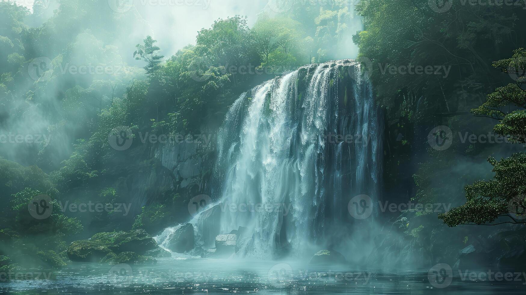 a waterfall in the middle of a forest photo