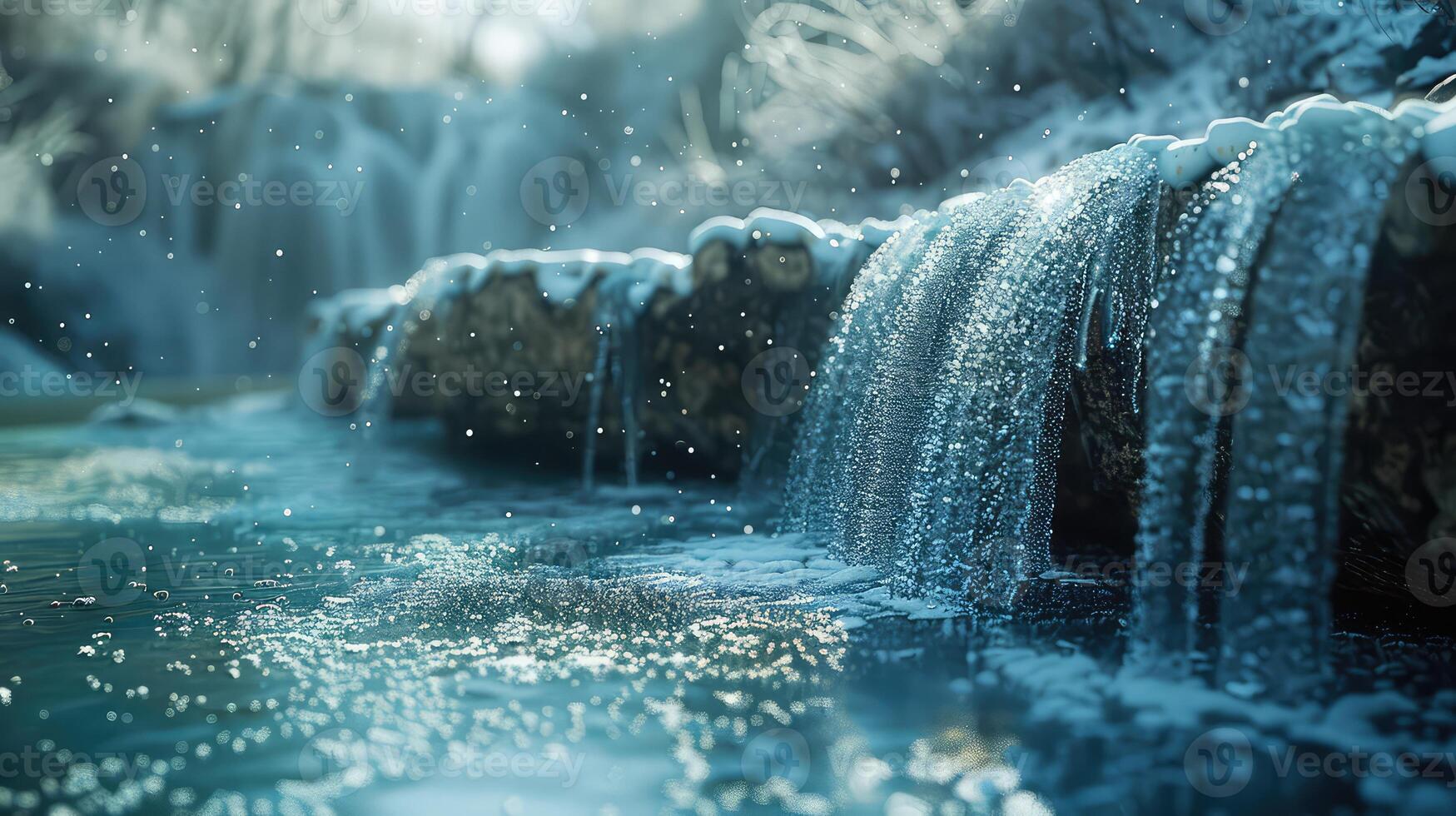 a waterfall is flowing down a river in the snow photo