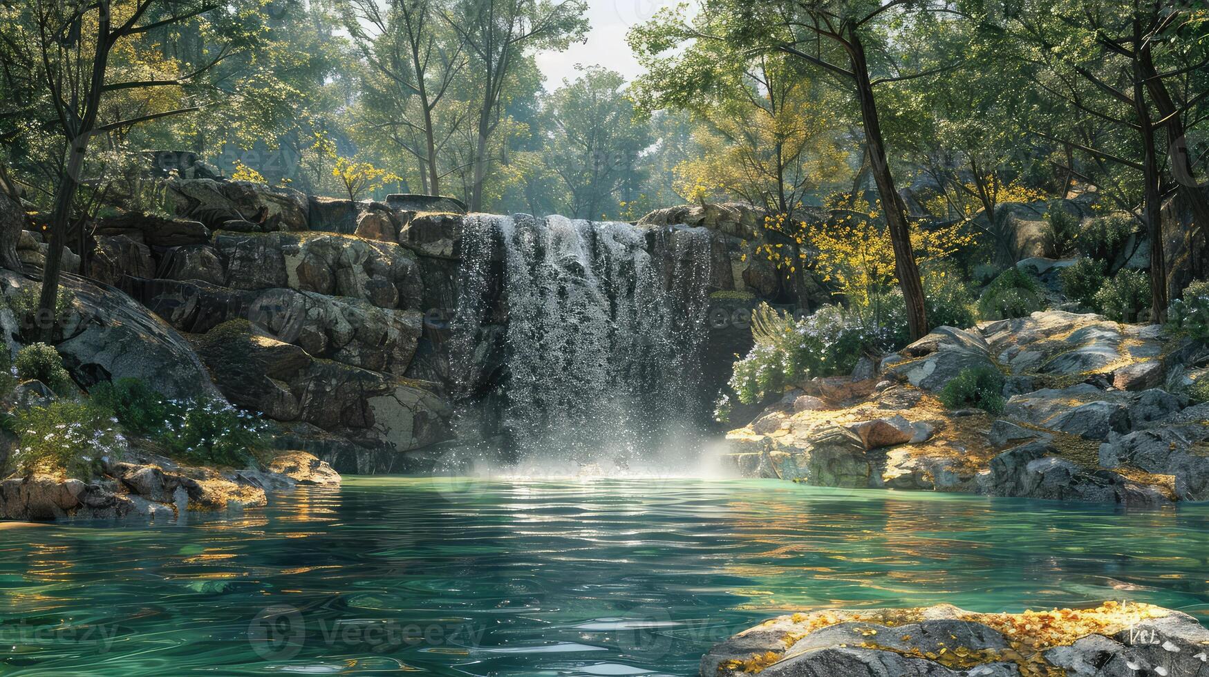 a waterfall in the woods with rocks and trees photo