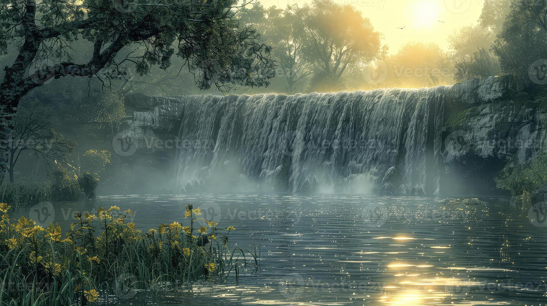 a waterfall in the middle of a forest photo