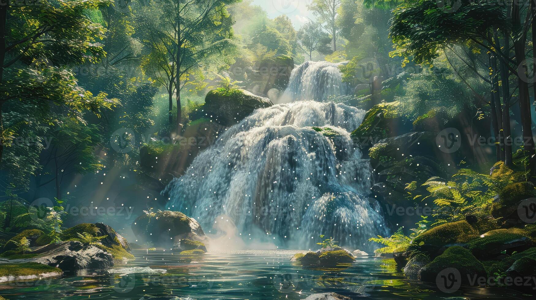 a waterfall in the jungle with water and trees photo