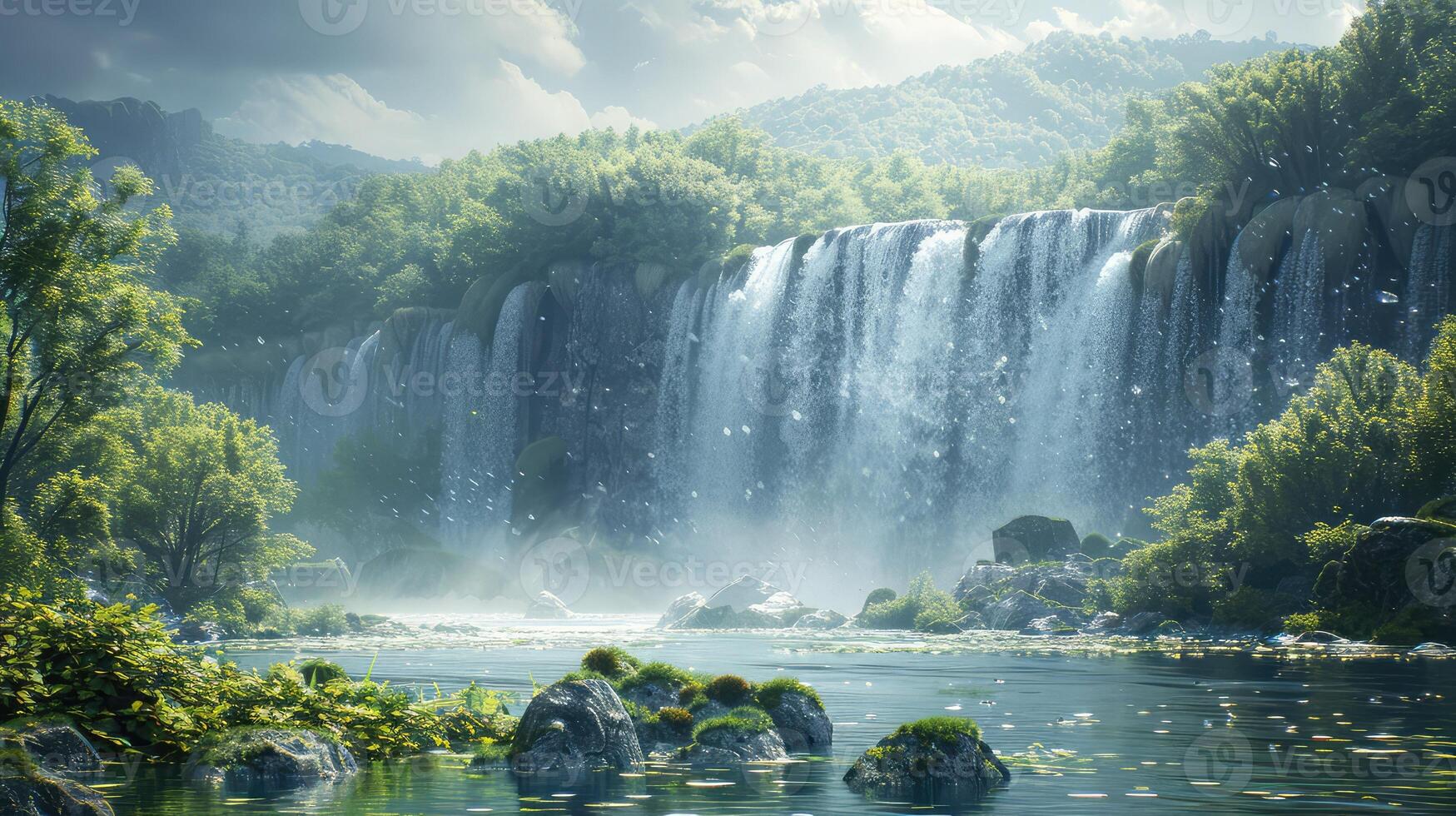 waterfall in the forest with trees and rocks photo