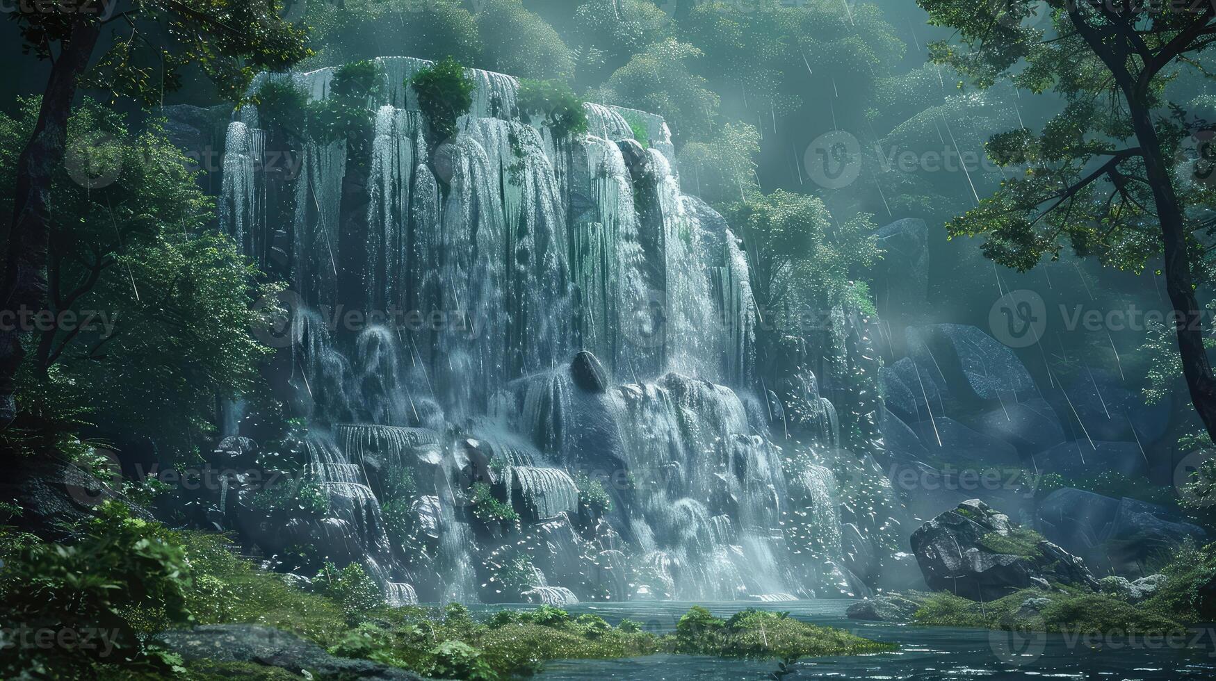 a waterfall in the middle of a forest photo