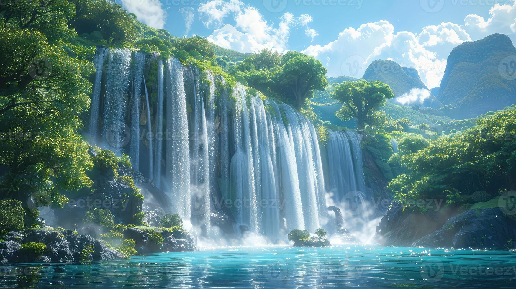 waterfall in the forest with trees and water photo