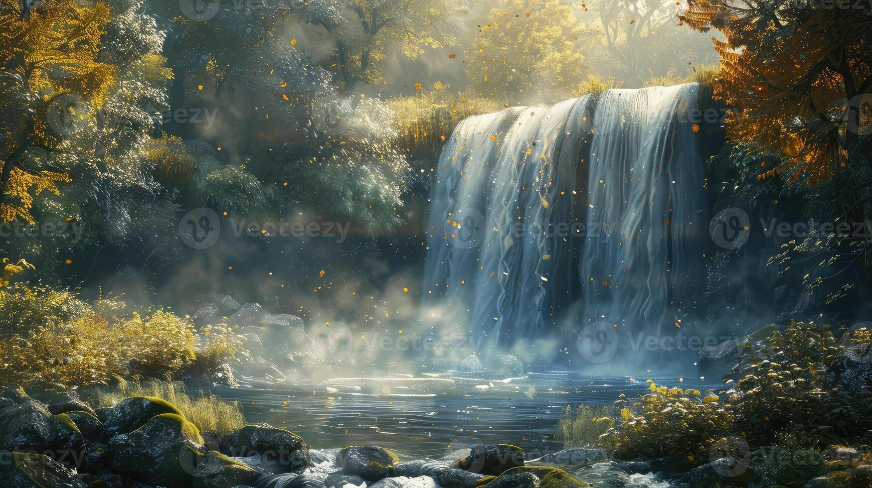 a waterfall in the forest with trees and rocks photo