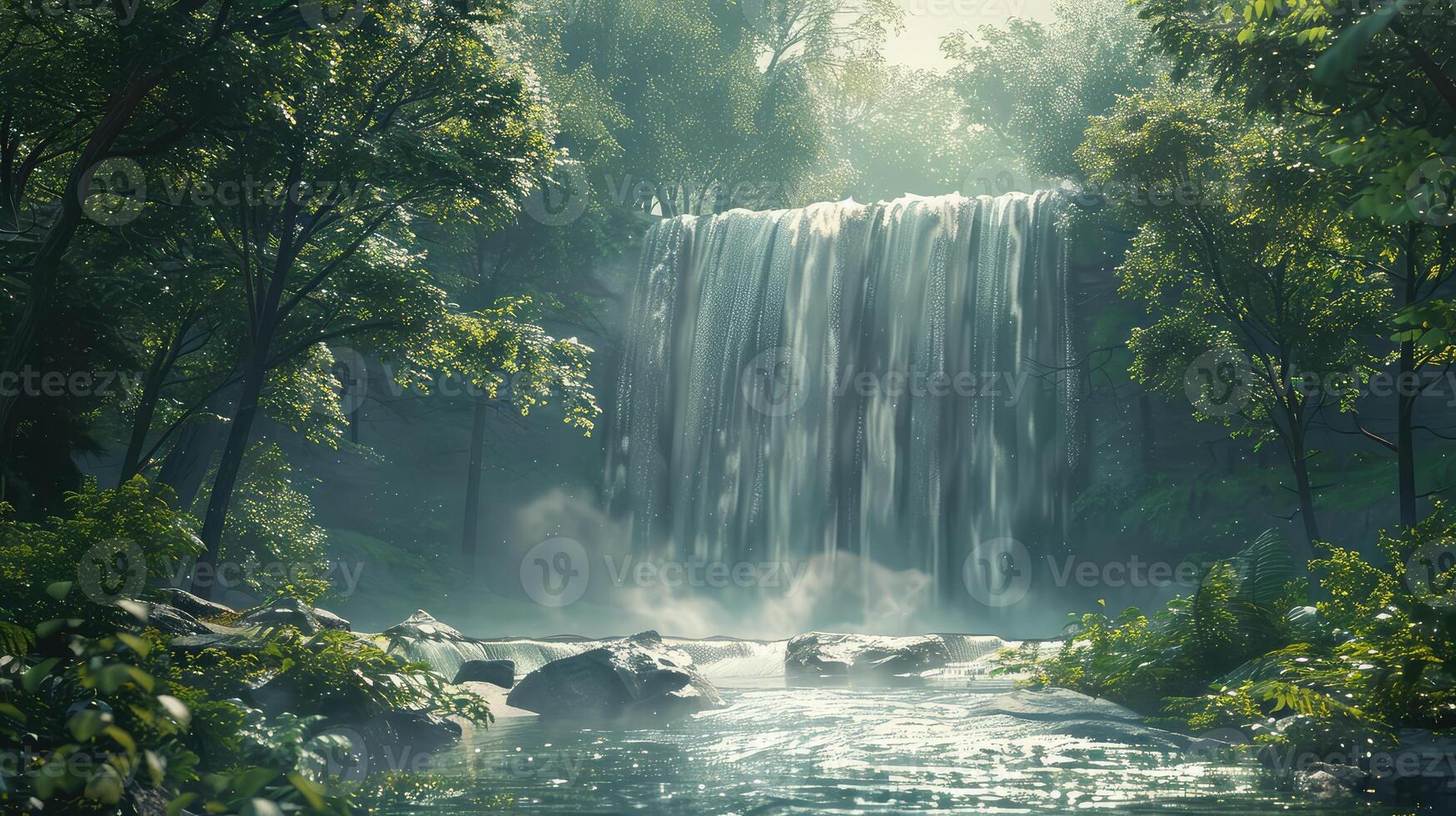 a waterfall in the middle of a forest photo