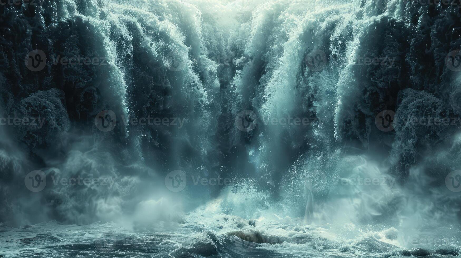 a waterfall is shown in the middle of the ocean photo