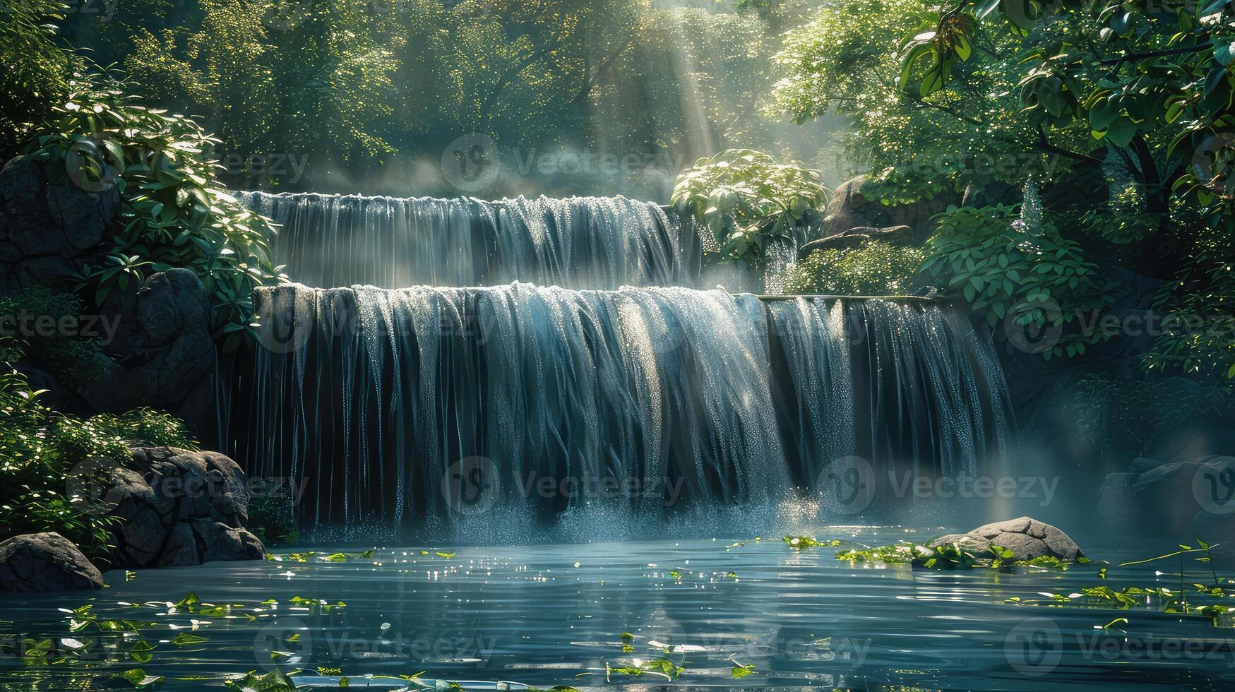 waterfall in the jungle with trees and plants photo