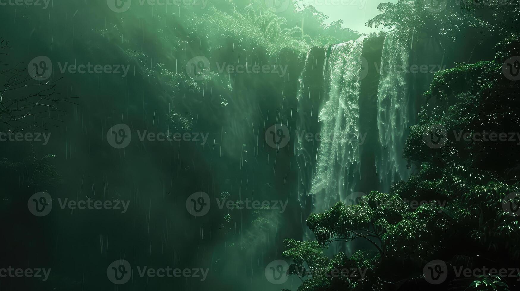 a waterfall in the jungle with green water photo