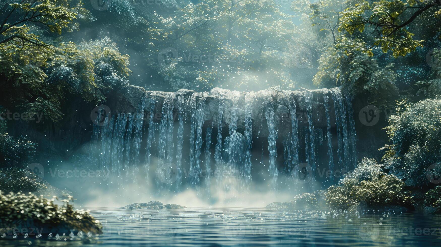 a waterfall in the forest with trees and water photo