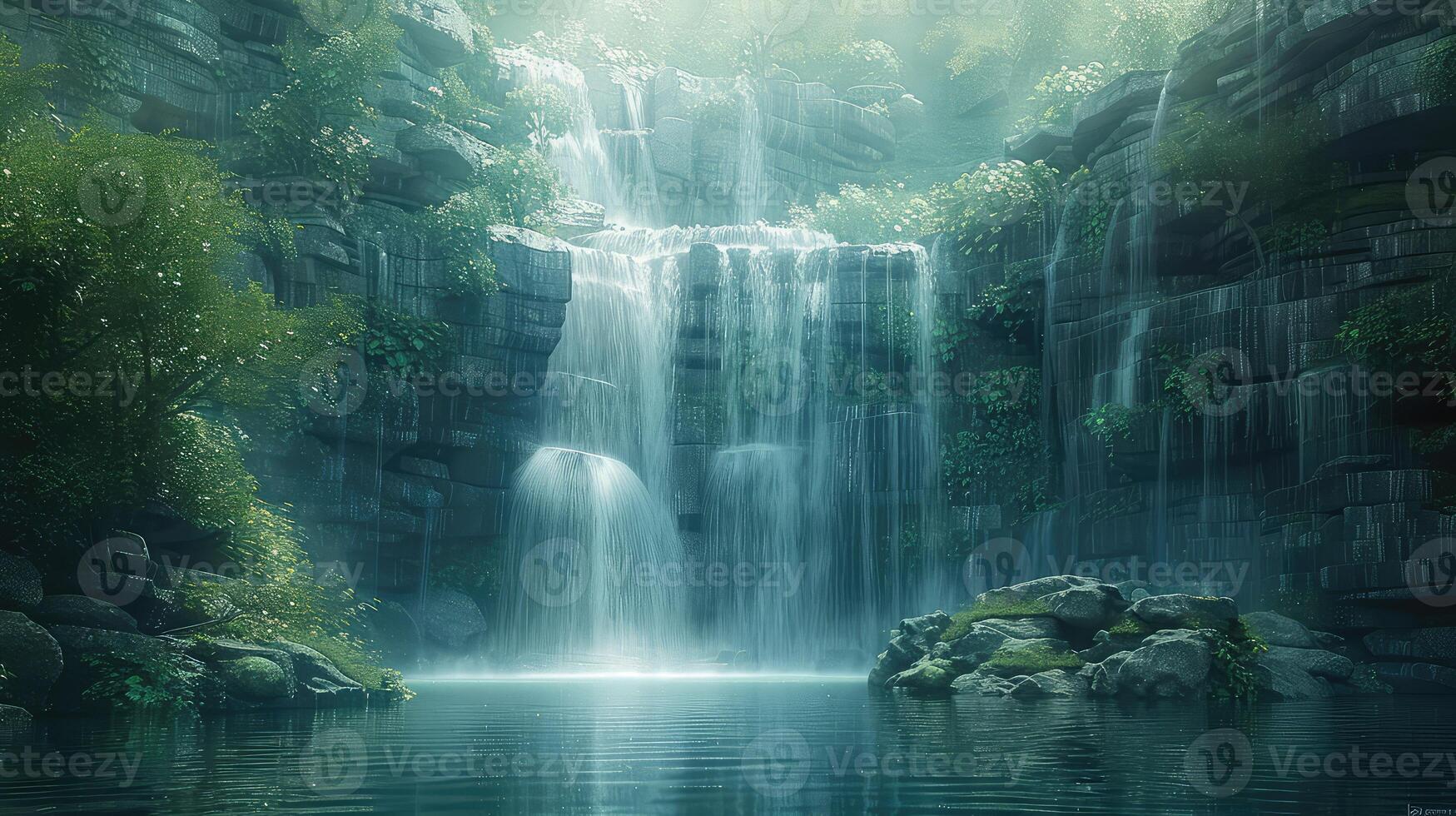 a waterfall in the middle of a forest photo