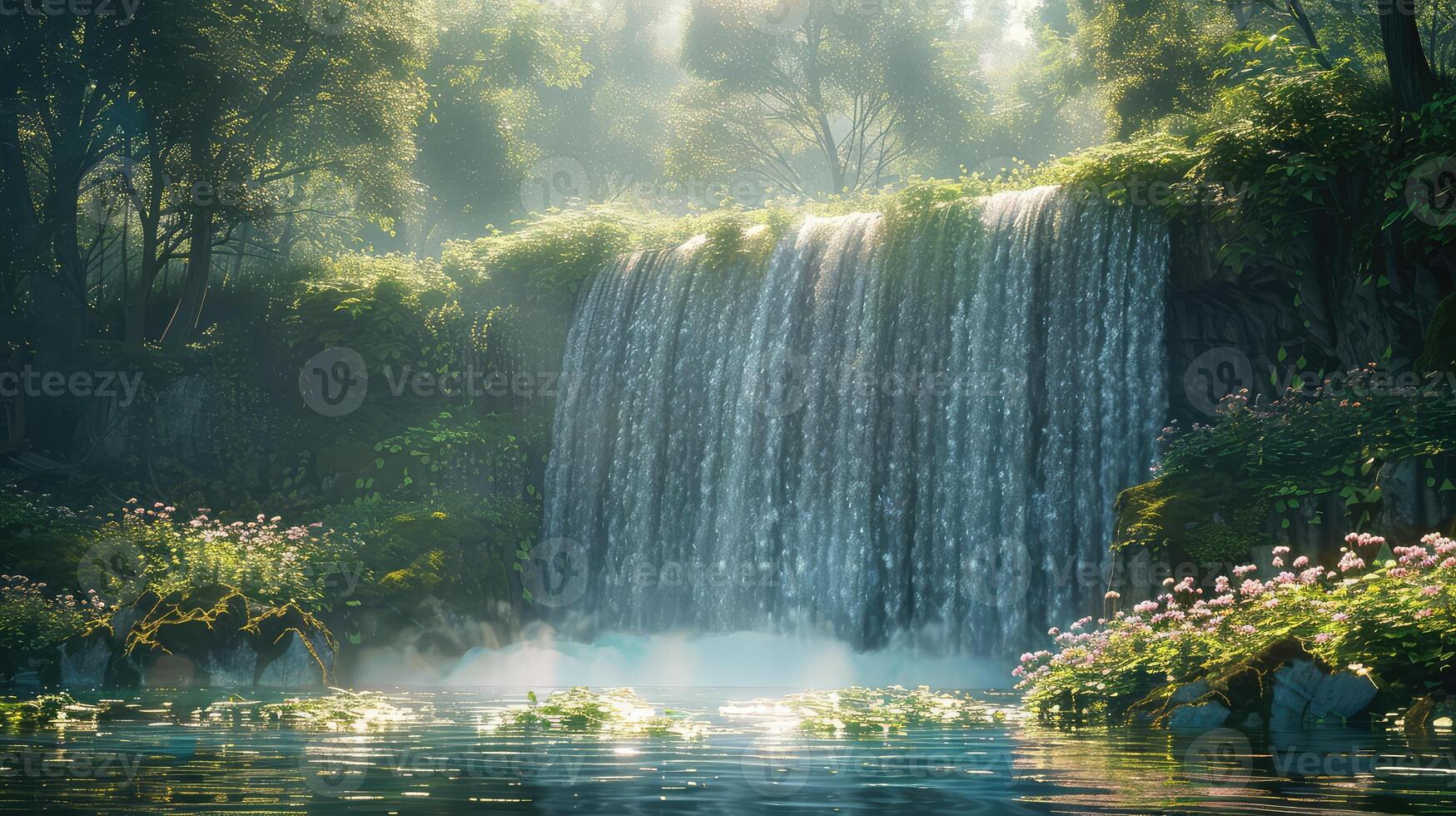 a waterfall in the forest with flowers and trees photo