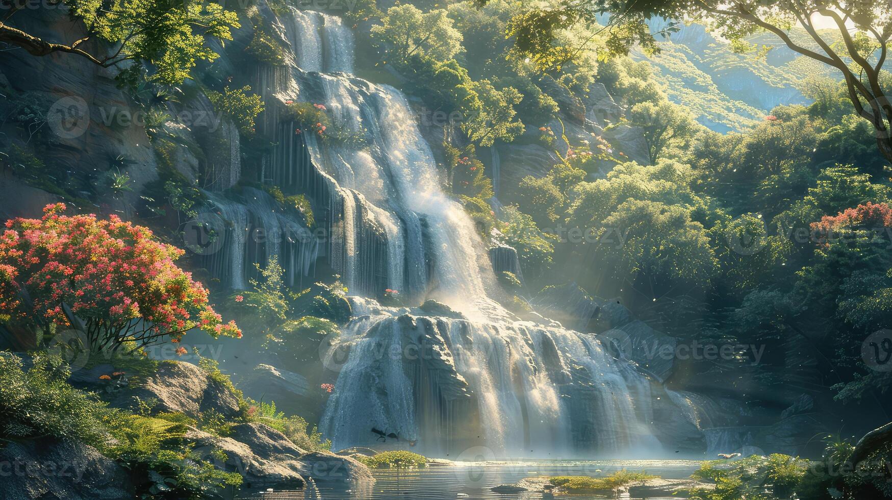 a waterfall in the middle of a forest photo