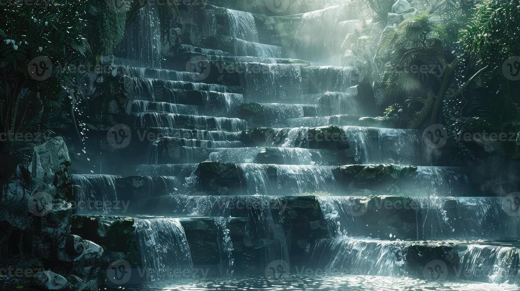 a waterfall in the jungle with water flowing down photo