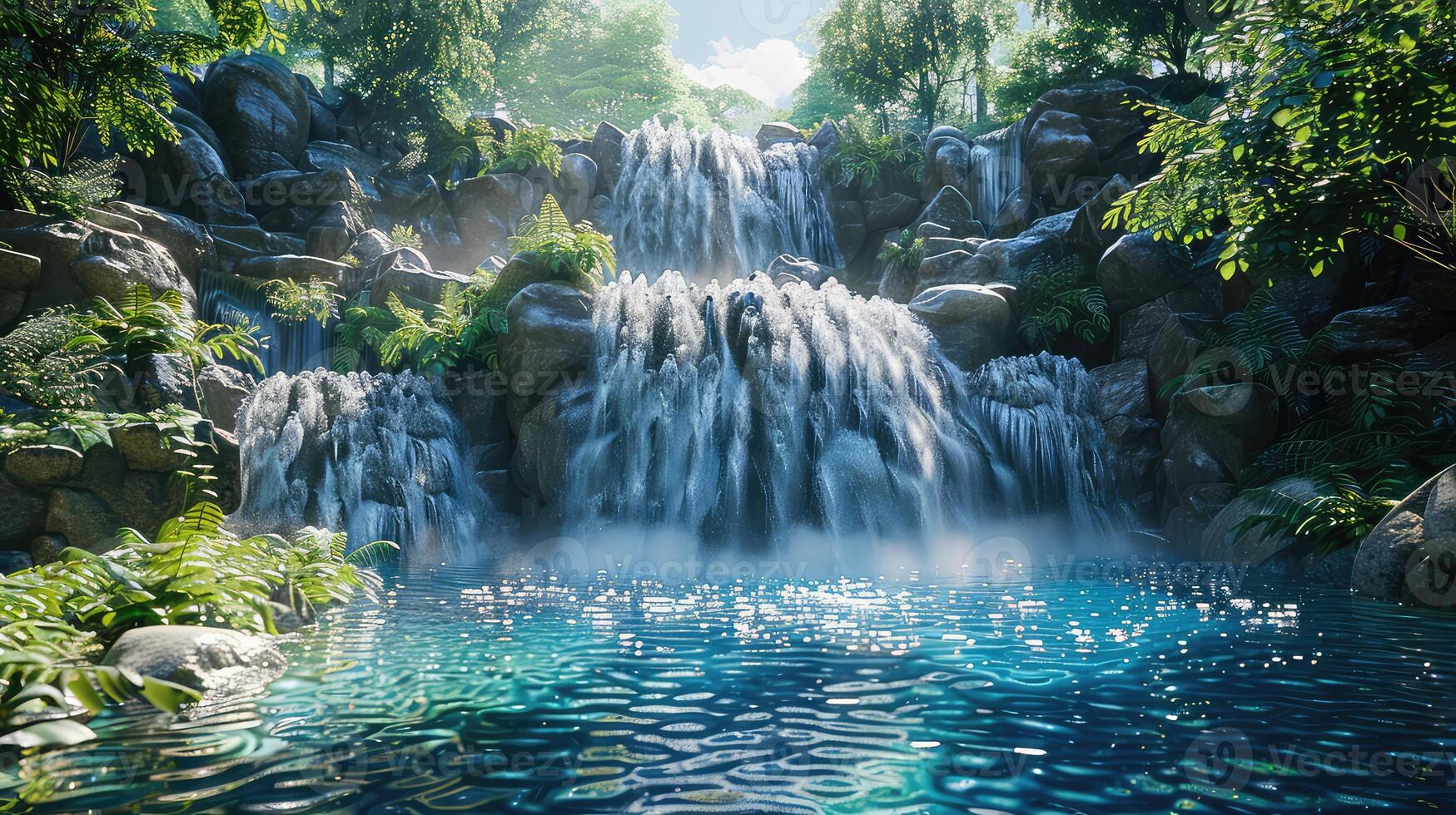 a waterfall in the jungle with water and rocks photo