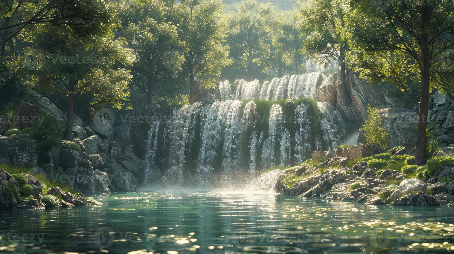 a waterfall in the middle of a forest photo