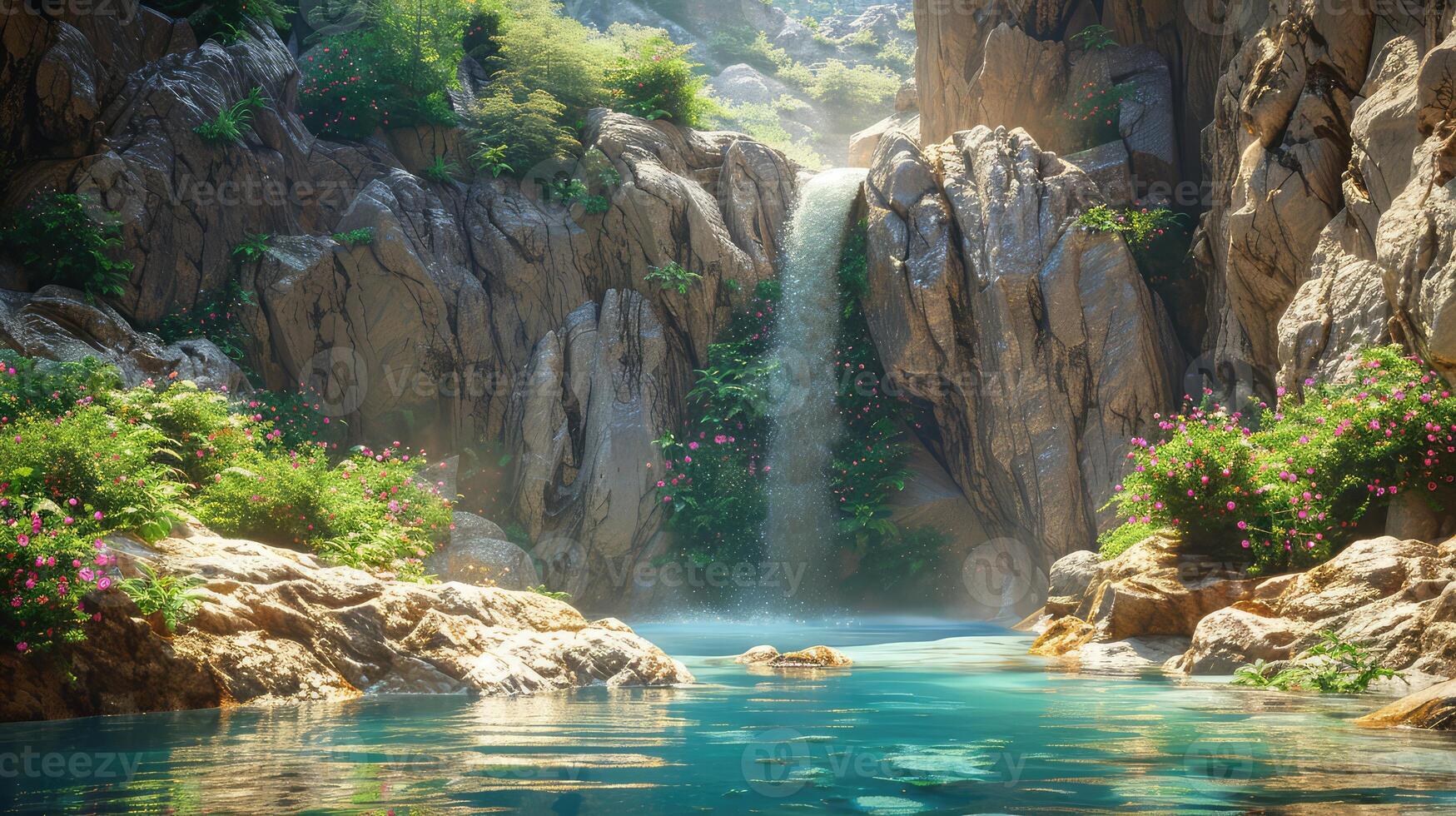 a waterfall in the middle of a mountain with flowers photo