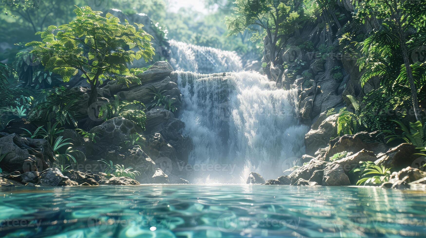 a waterfall in the jungle with water and trees photo