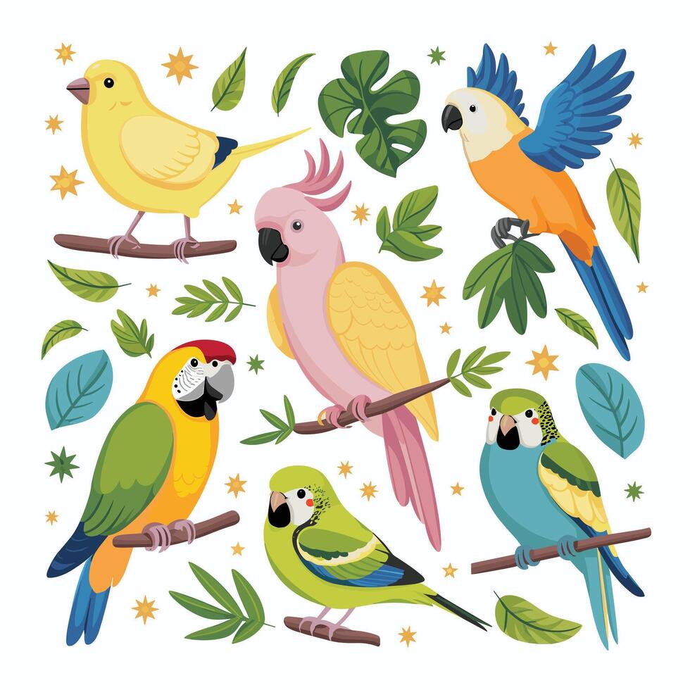 Cockatoo parrot sitting on brunch. Colorful exotic bird with orange crest in cartoon style illustration on white background. vector
