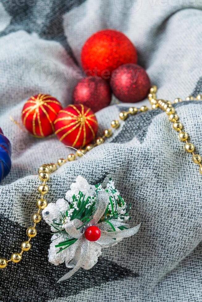 Christmas decorations on a color background. New year toys. photo