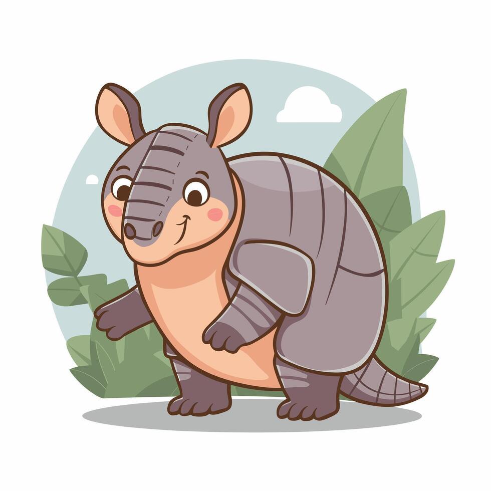 Armadillo flat art illustration. Cute animal character design for kids. Simple flat pastel style. vector