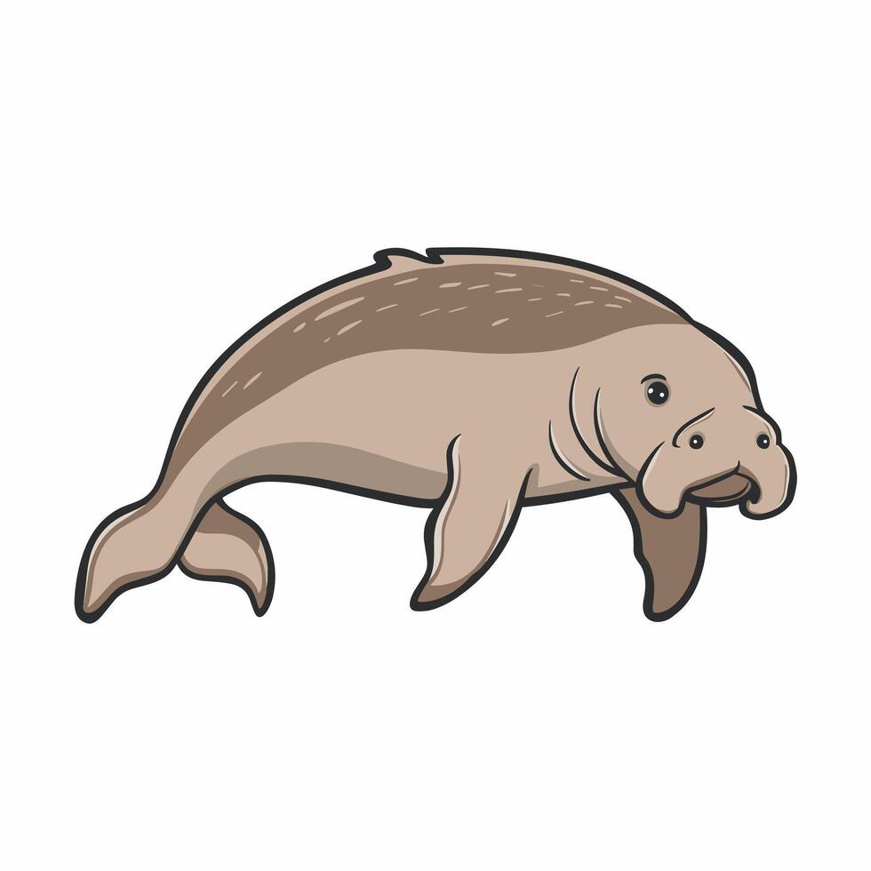 Cute cartoon dugong isolated on white background. Hand drawn illustration of Sea cow. vector