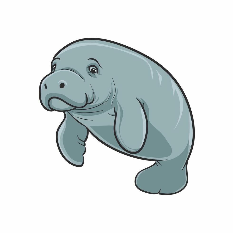 Cute cartoon dugong isolated on white background. Hand drawn illustration of Sea cow. vector