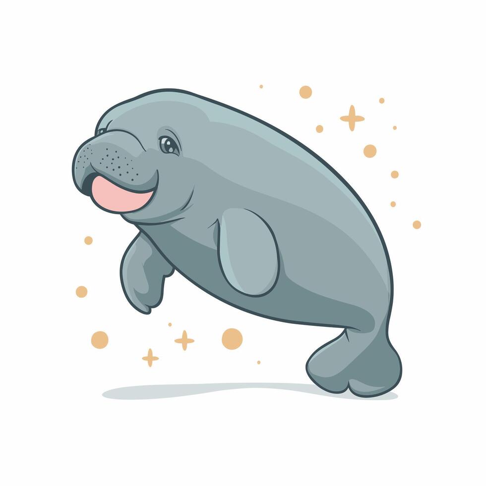 Cute cartoon dugong isolated on white background. Hand drawn illustration of Sea cow. vector