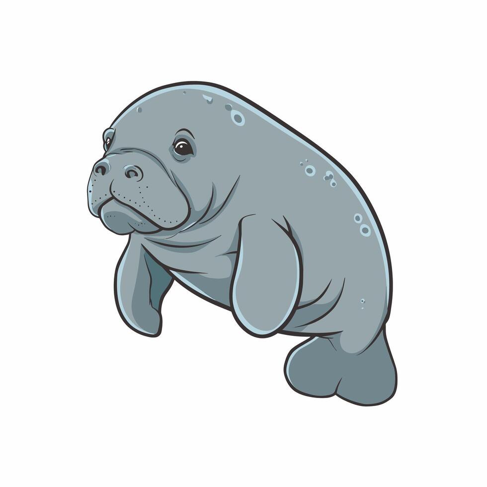 Cute cartoon dugong isolated on white background. Hand drawn illustration of Sea cow. vector