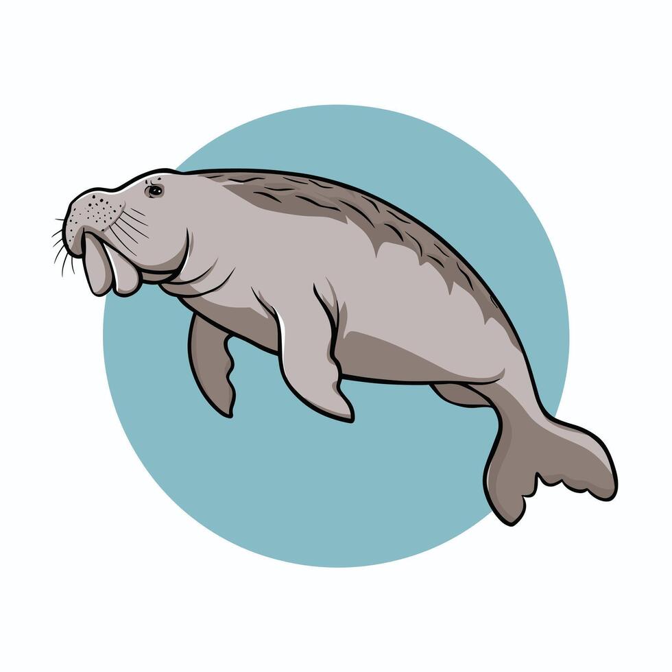 Cute cartoon dugong isolated on white background. Hand drawn illustration of Sea cow. vector