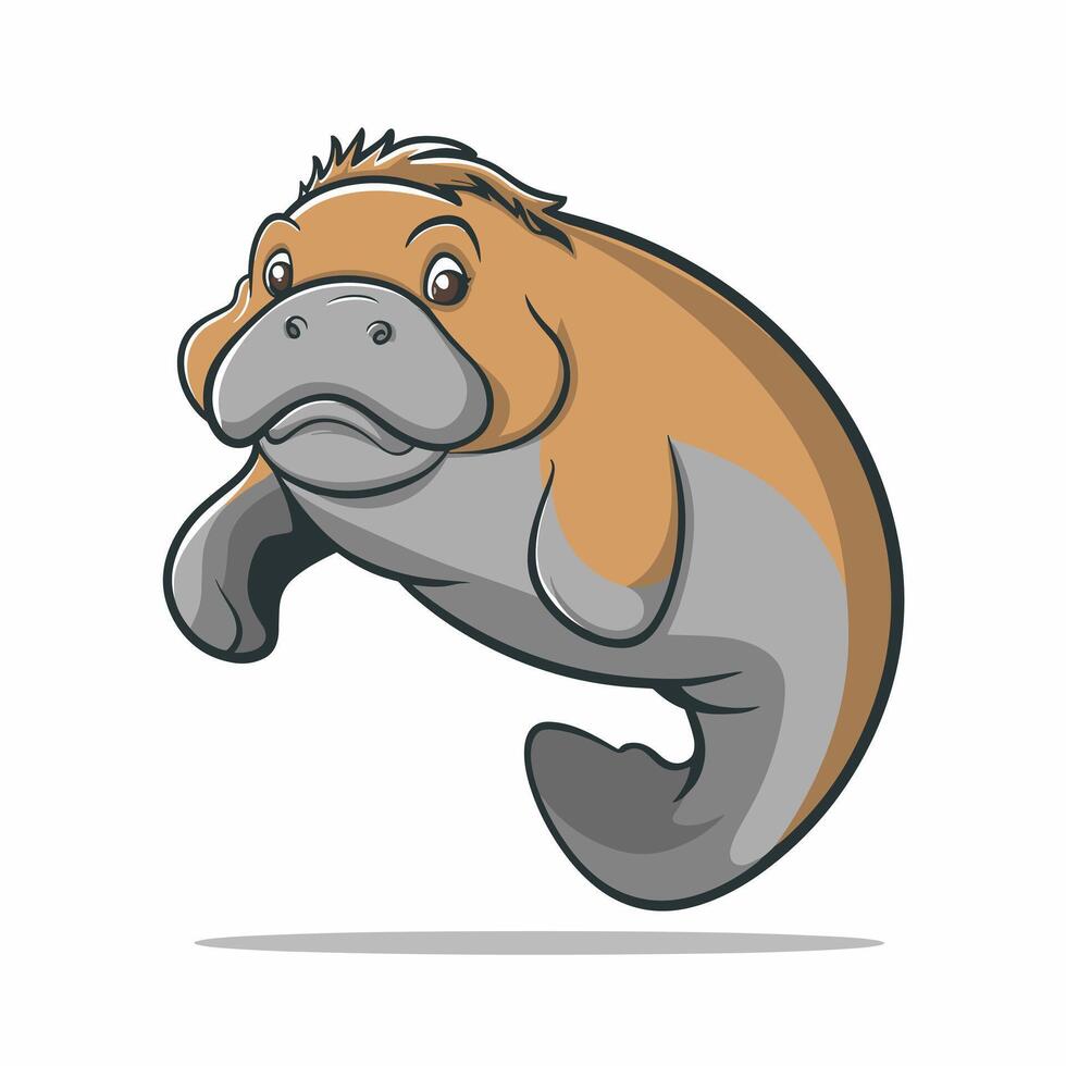 Cute cartoon dugong isolated on white background. Hand drawn illustration of Sea cow. vector