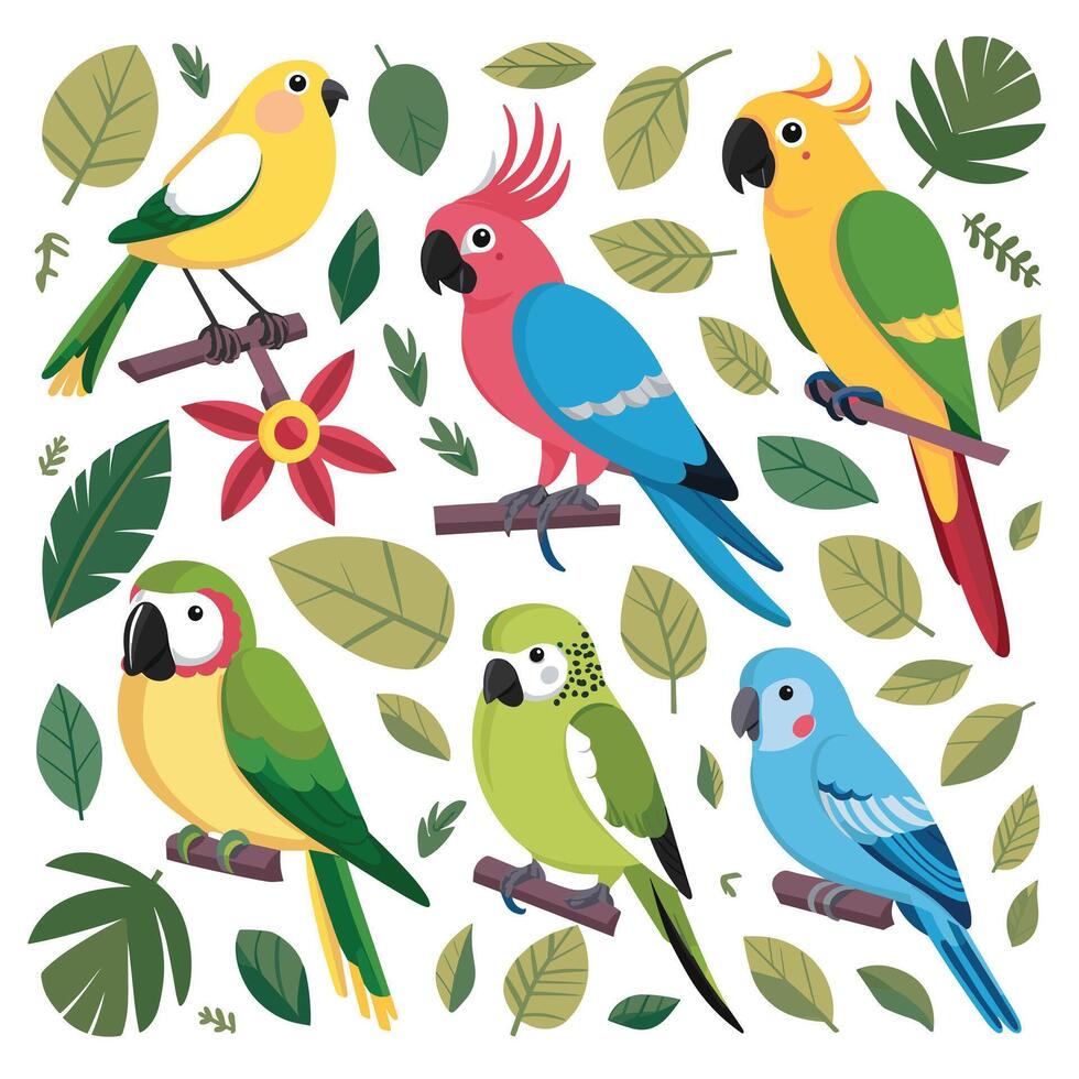 Cockatoo parrot sitting on brunch. Colorful exotic bird with orange crest in cartoon style illustration on white background. vector