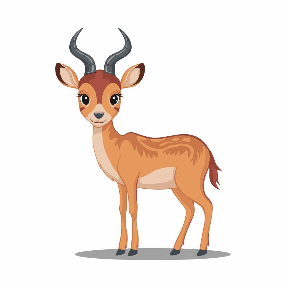 Cute antelope stands on a white background in cartoon style. illustration with African animal. vector