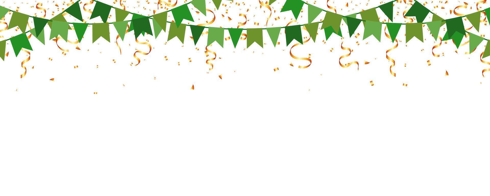green garland flags and gold confetti banner frame for party festival, anniversary and congratulation vector