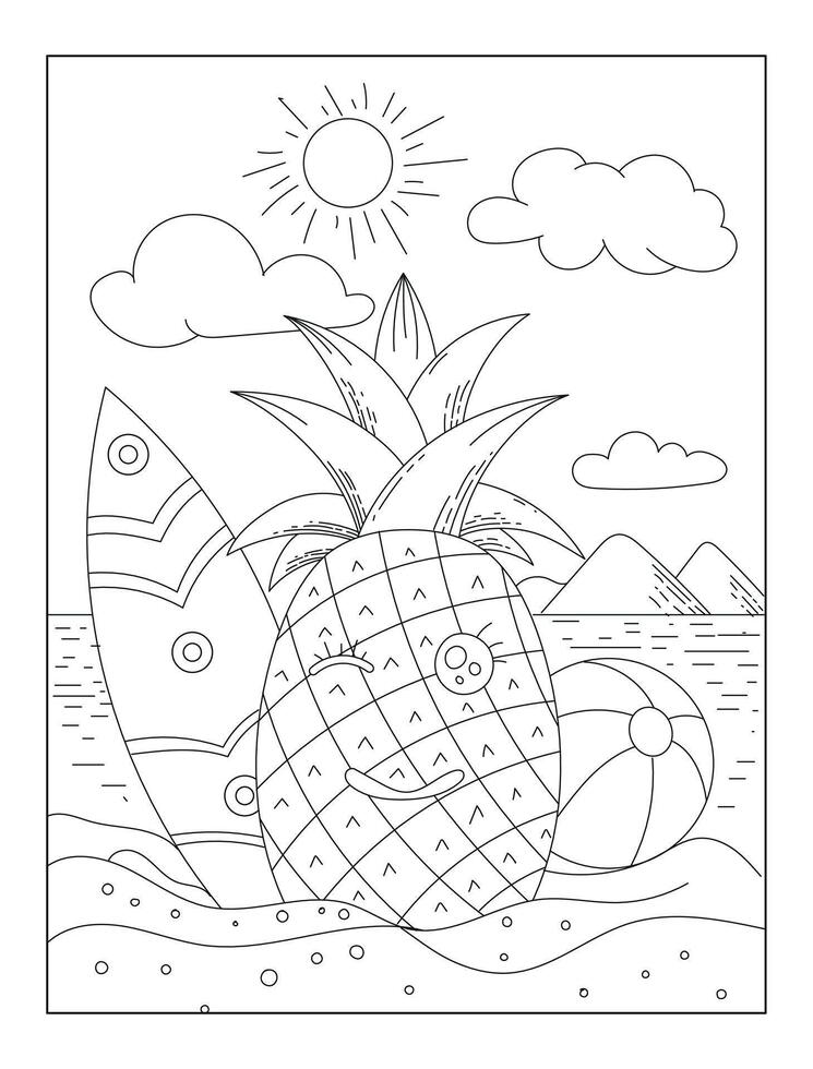 Hand-drawn Summer coloring book for kids and adults with pineapple and surfing boat vector