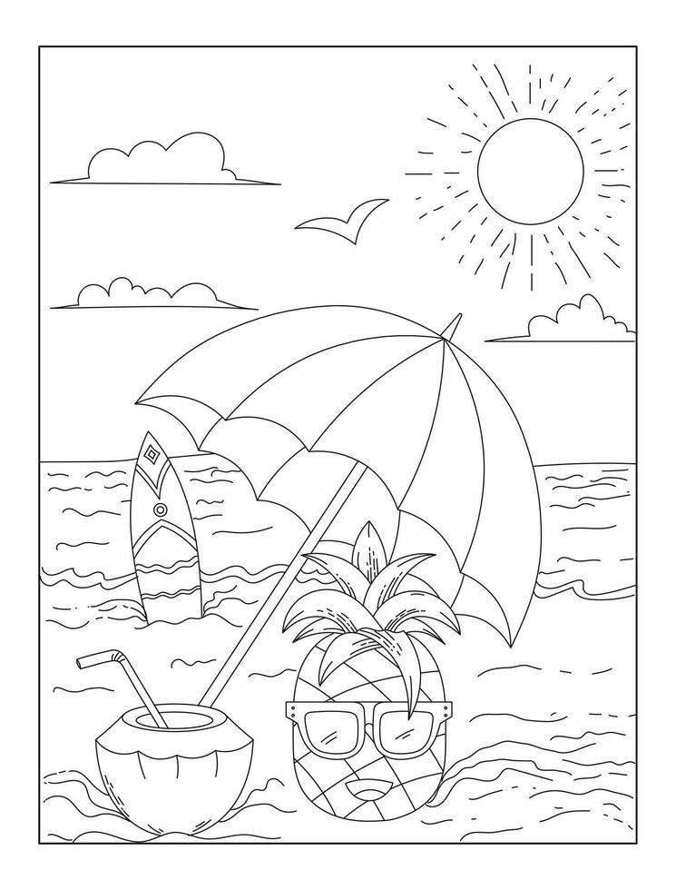 Summer coloring book for kids and adults, pineapple and coconut under umbrella, beach outline vector