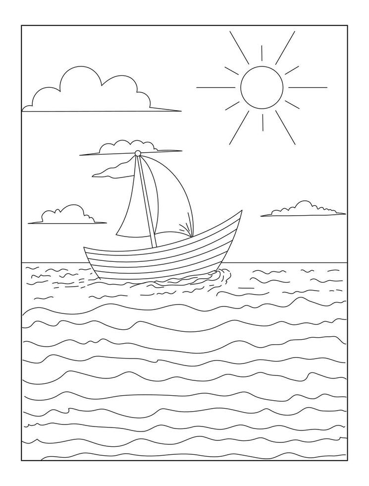 Summer coloring book for kids and adults, a drawing of a boat with the sun in the background. vector